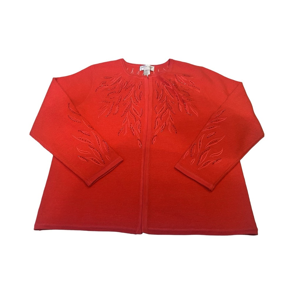 Victor Costa Occasion Womens Red 100% Wool Beaded Leaf‎ Cardigan Sweater Large